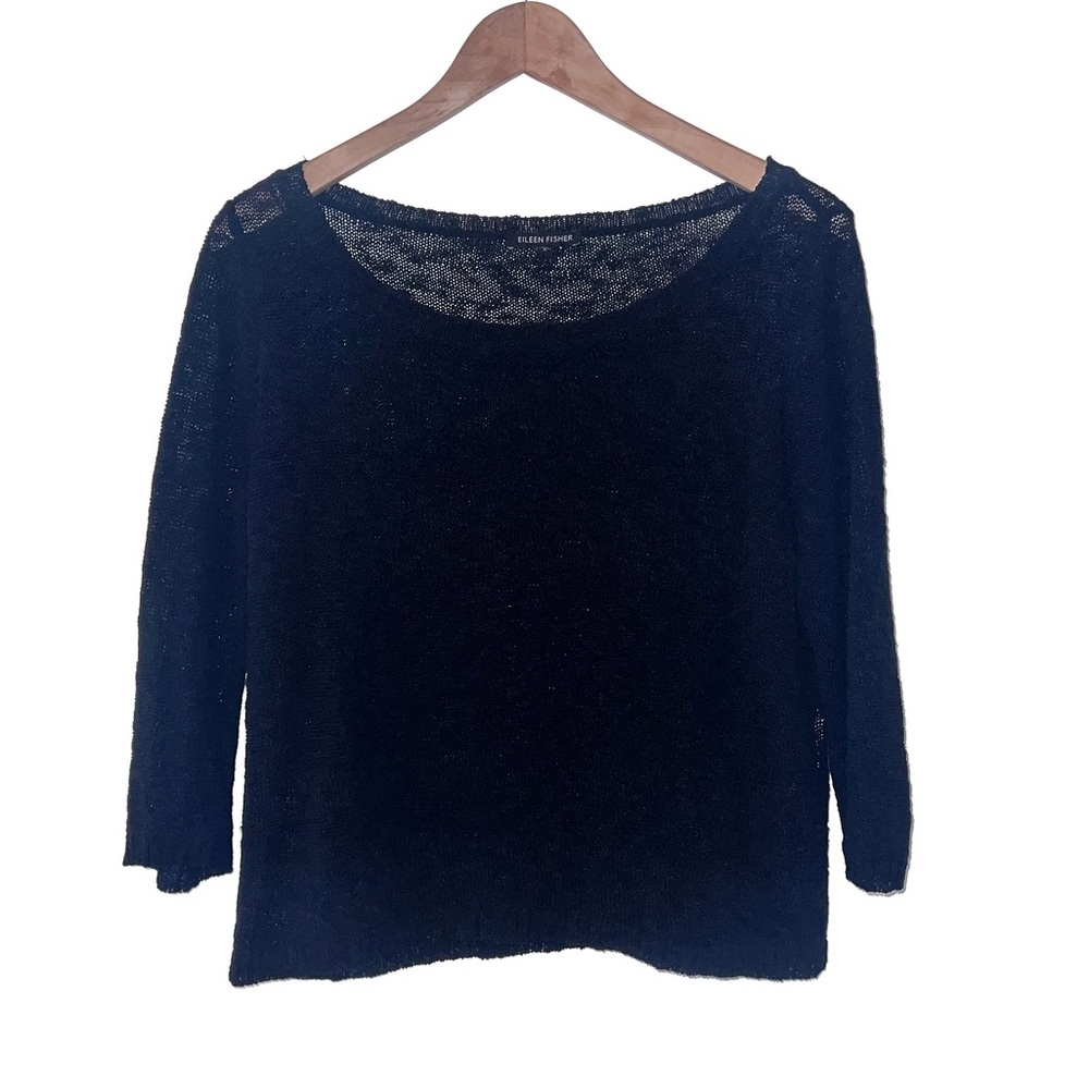 Eileen Fisher Black Cotton Linen Sheer Long Sleeve Top